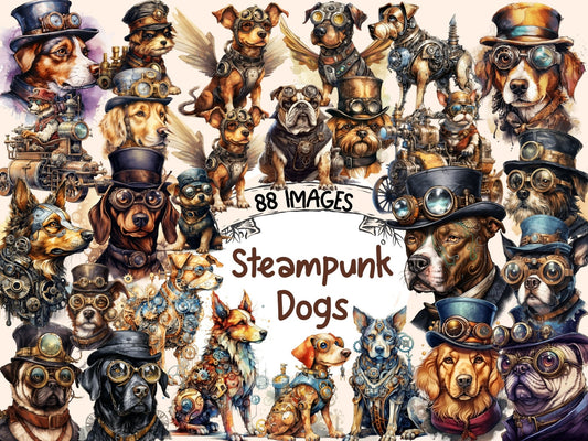 Steampunk Dogs Watercolor Clipart - High - Quality Instant Digital Download for Creative Projects