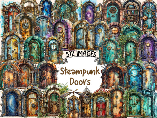 Steampunk Doors Watercolor Clipart - High - Quality Instant Digital Download for Creative Projects