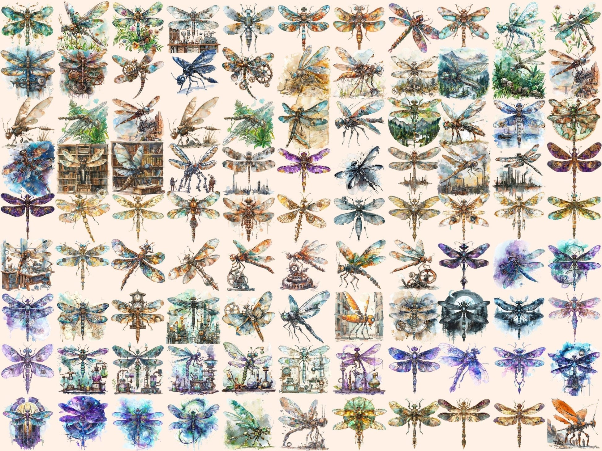 Steampunk Dragonflies Watercolor Clipart - High - Quality Instant Digital Download for Creative Projects