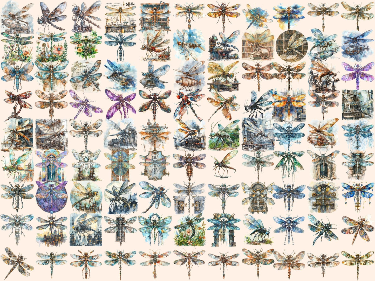 Steampunk Dragonflies Watercolor Clipart - High - Quality Instant Digital Download for Creative Projects