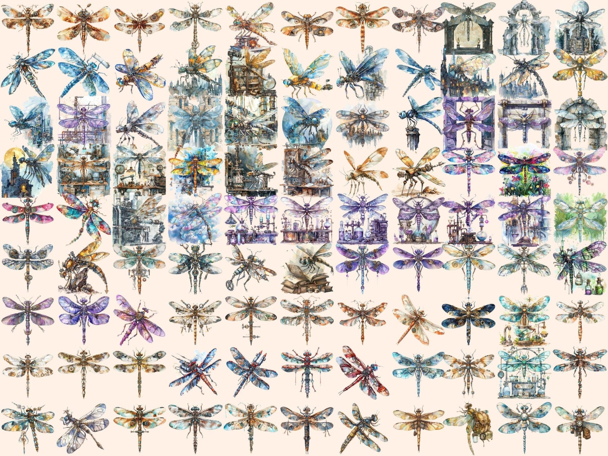 Steampunk Dragonflies Watercolor Clipart - High - Quality Instant Digital Download for Creative Projects