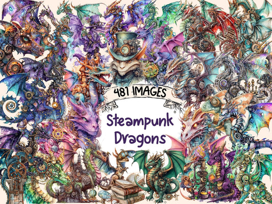 Steampunk Dragons Watercolor Clipart - High - Quality Instant Digital Download for Creative Projects