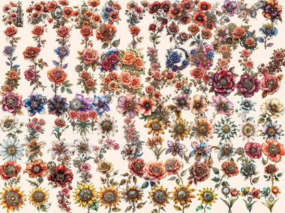 Steampunk Flowers Watercolor Clipart metal flowers png - Wonders Artist