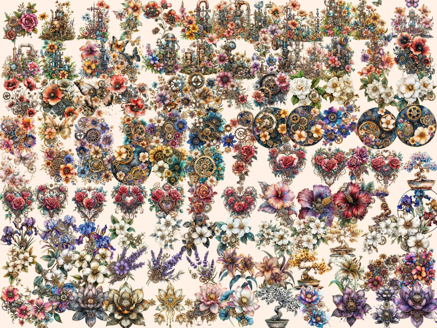 Steampunk Flowers Watercolor Clipart - High - Quality Instant Digital Download for Creative Projects