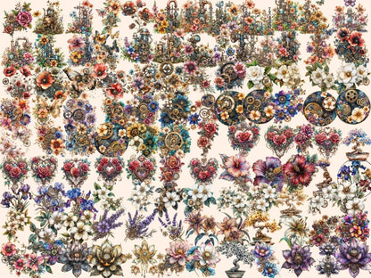 Steampunk Flowers Watercolor Clipart metal flowers png - Wonders Artist