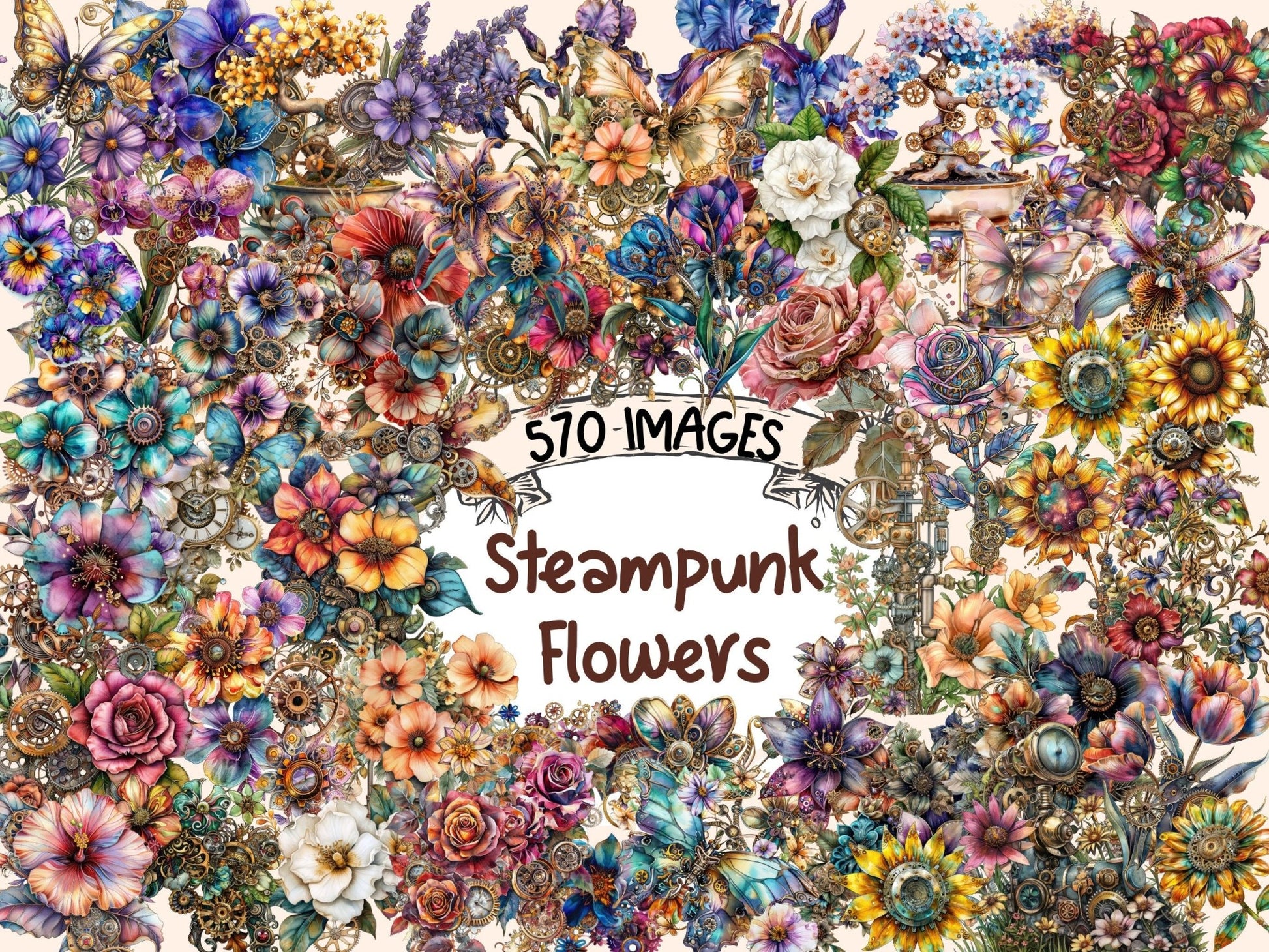 Steampunk Flowers Watercolor Clipart - High - Quality Instant Digital Download for Creative Projects