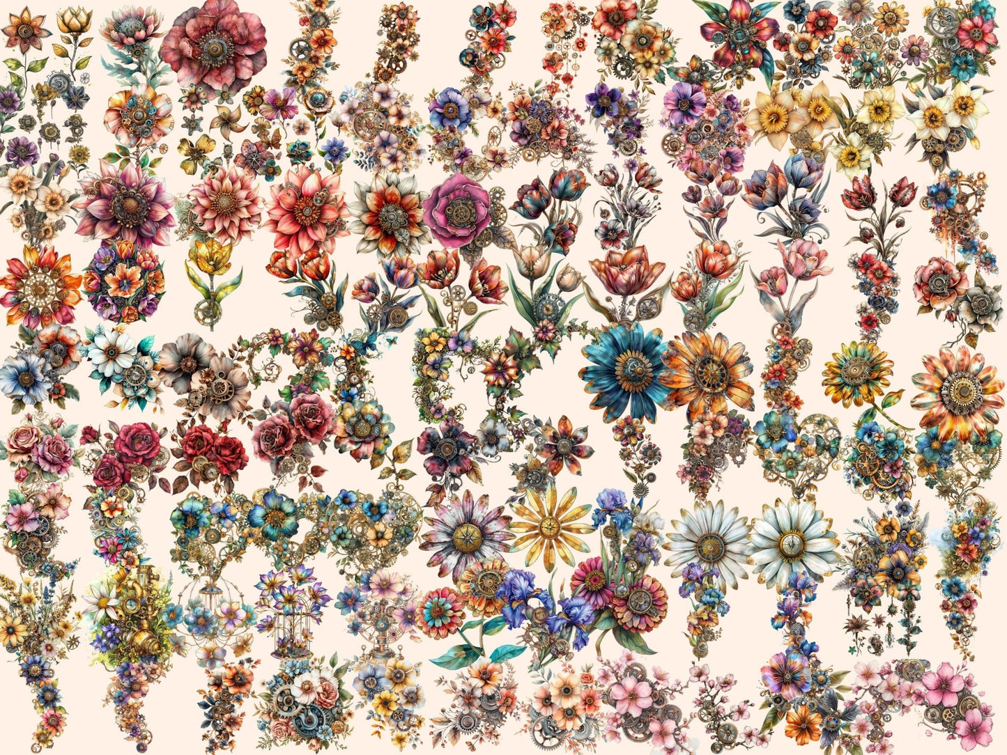 Steampunk Flowers Watercolor Clipart - High - Quality Instant Digital Download for Creative Projects