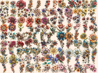 Steampunk Flowers Watercolor Clipart metal flowers png - Wonders Artist
