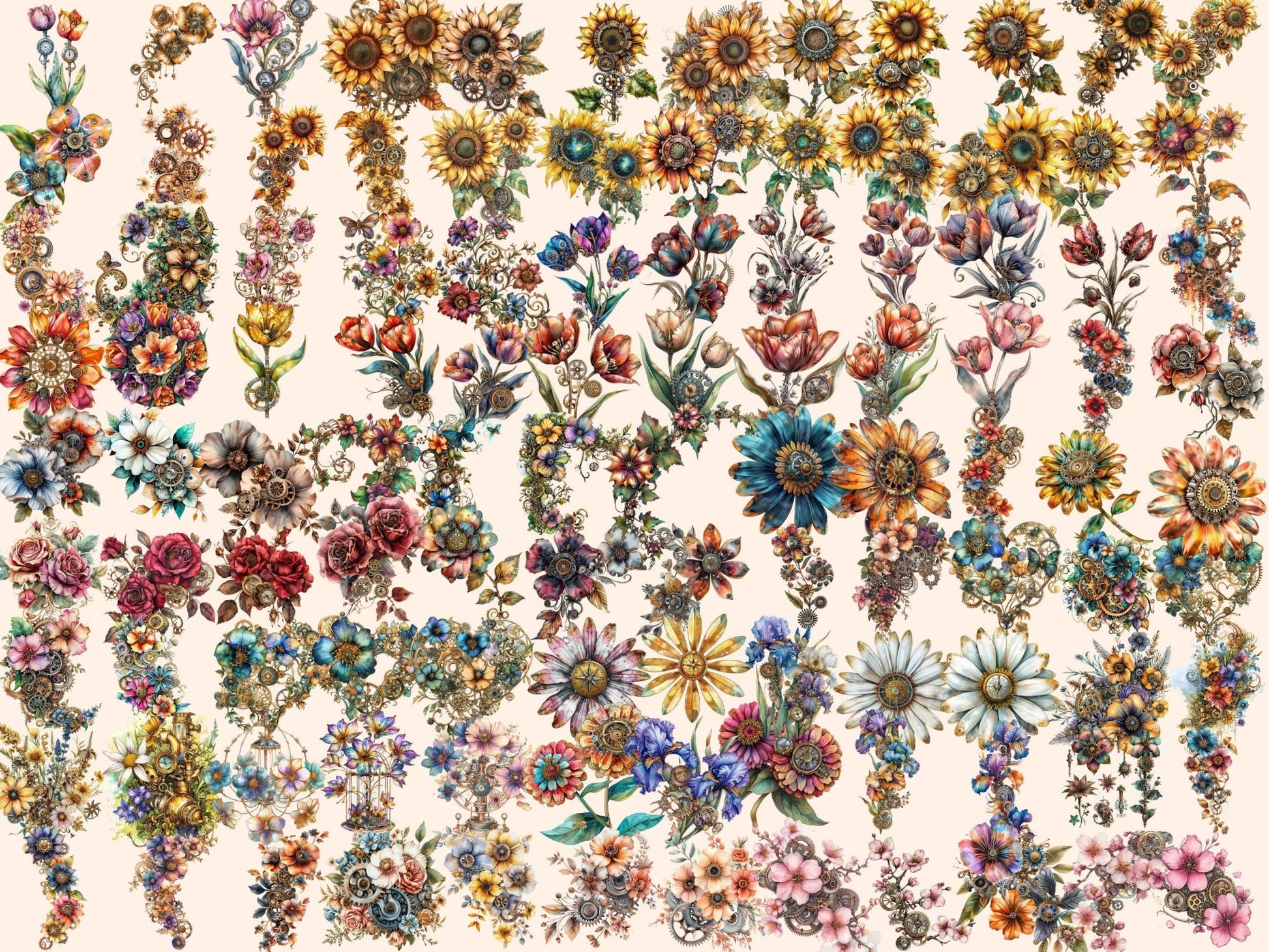 Steampunk Flowers Watercolor Clipart - High - Quality Instant Digital Download for Creative Projects