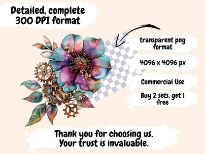 Steampunk Flowers Watercolor Clipart metal flowers png - Wonders Artist