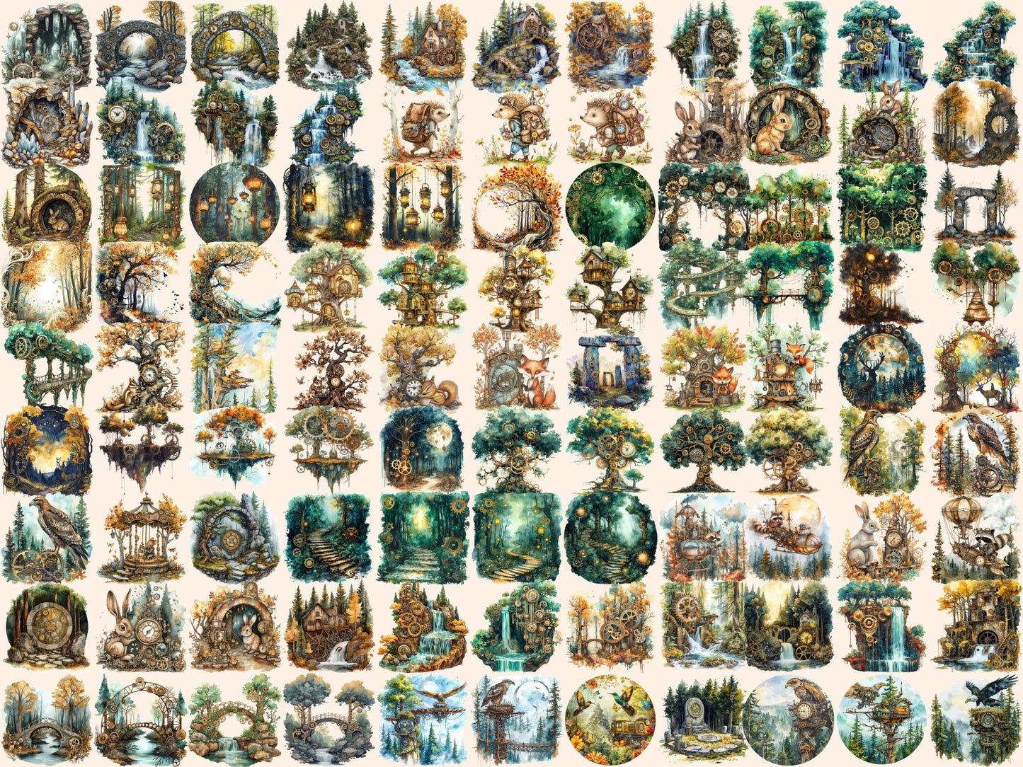 Steampunk Forests Watercolor Clipart - High - Quality Instant Digital Download for Creative Projects