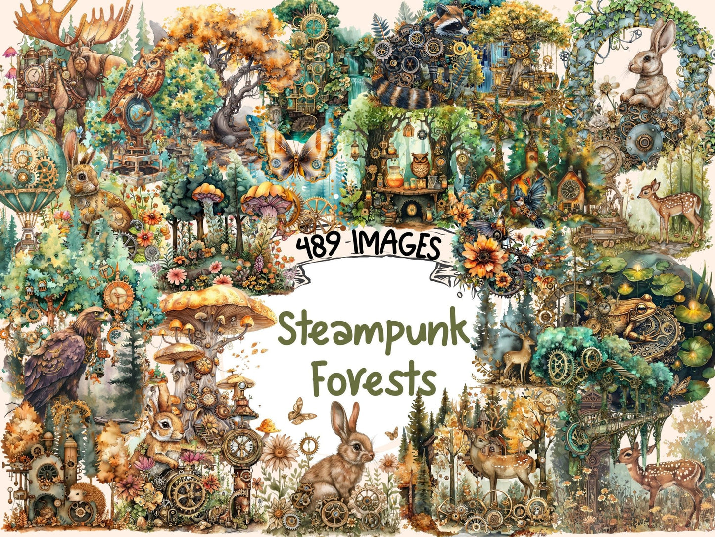 Steampunk Forests Watercolor Clipart - High - Quality Instant Digital Download for Creative Projects