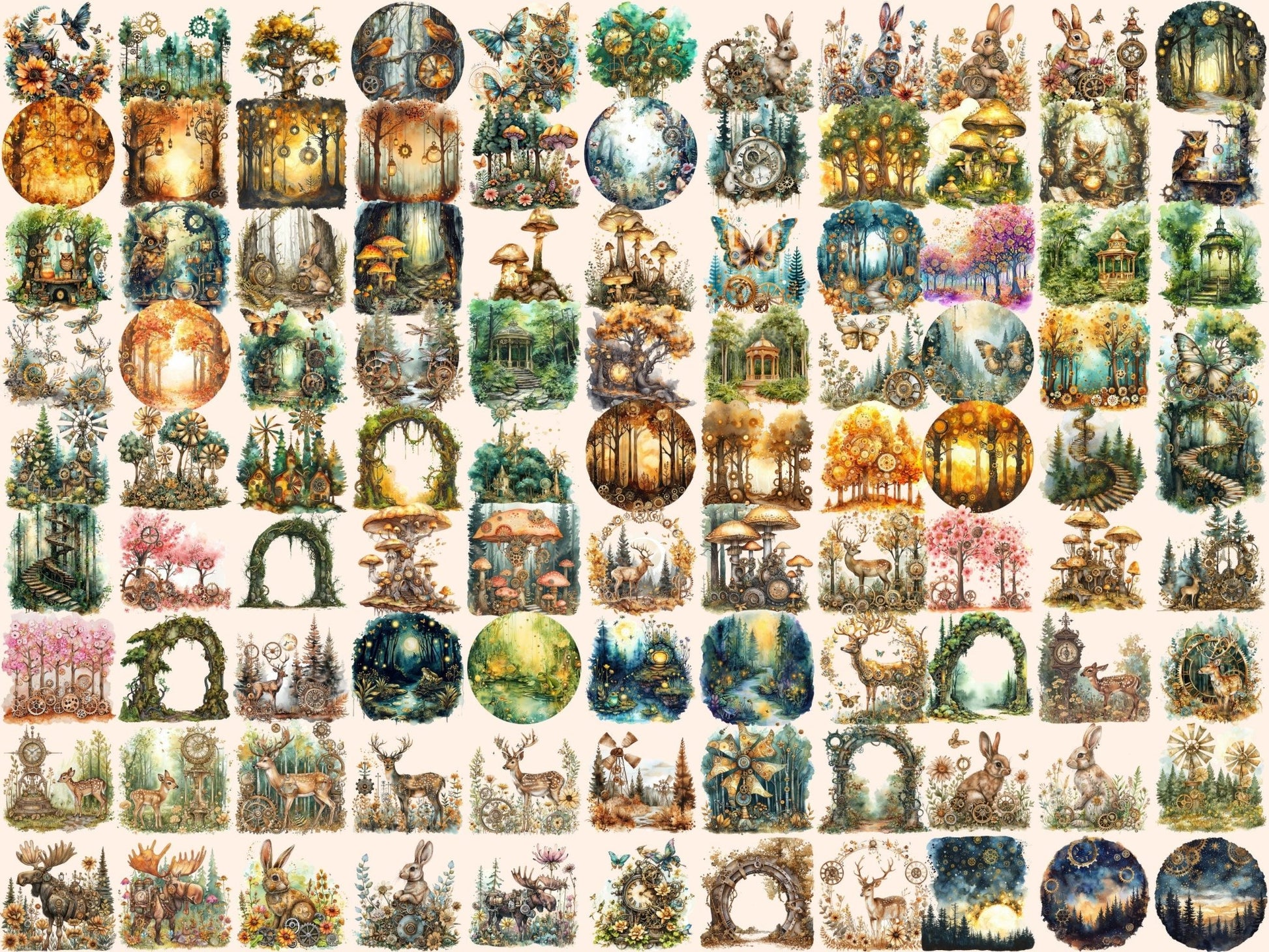 Steampunk Forests Watercolor Clipart - High - Quality Instant Digital Download for Creative Projects