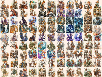 Steampunk Foxes Watercolor Clipart cyborg fox clipart - Wonders Artist
