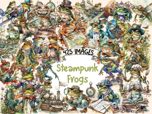 Steampunk Frogs Watercolor Clipart - High - Quality Instant Digital Download for Creative Projects