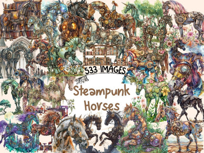 Steampunk Horses Watercolor Clipart cyberpunk horse png - Wonders Artist