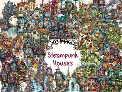 Steampunk Houses Watercolor Clipart futuristic clipart - Wonders Artist