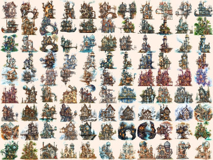 Steampunk Houses Watercolor Clipart futuristic clipart - Wonders Artist