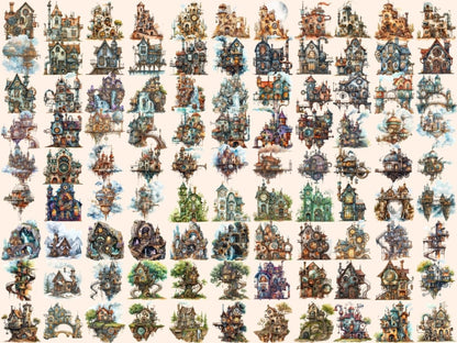 Steampunk Houses Watercolor Clipart futuristic clipart - Wonders Artist