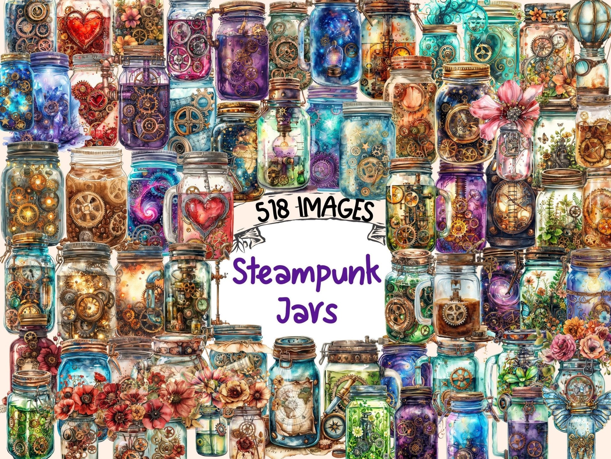 Steampunk Jars Watercolor Clipart - High - Quality Instant Digital Download for Creative Projects