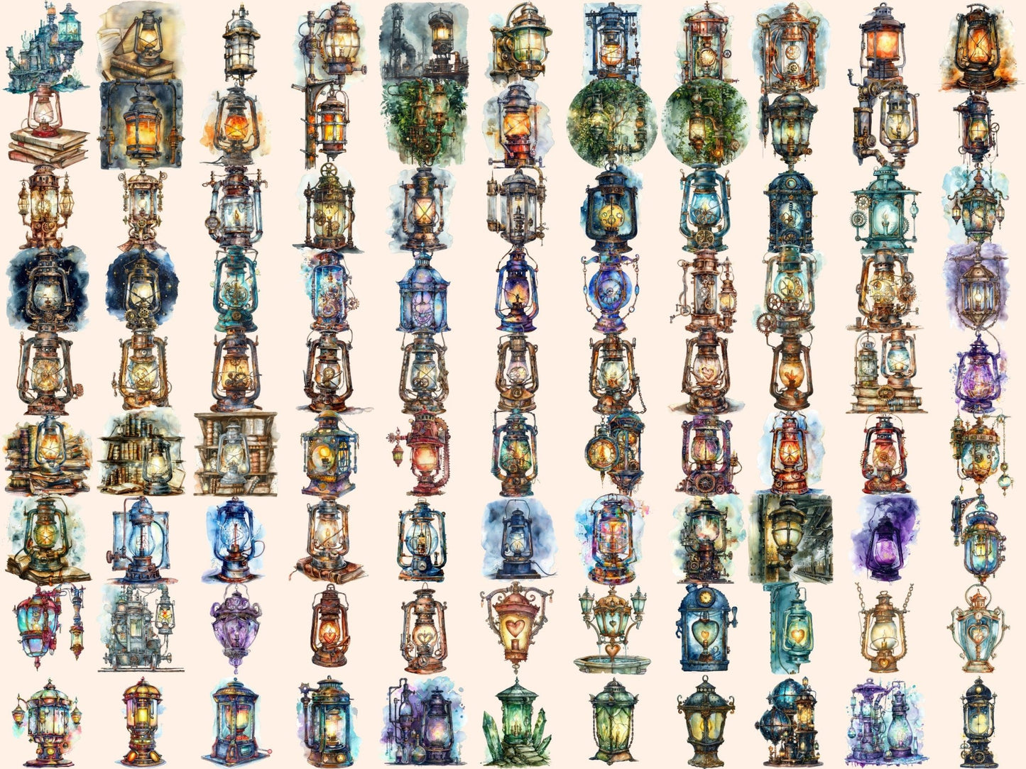 Steampunk Lanterns Watercolor Clipart - High - Quality Instant Digital Download for Creative Projects