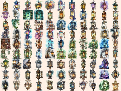 Steampunk Lanterns Watercolor Clipart lamp clipart - Wonders Artist