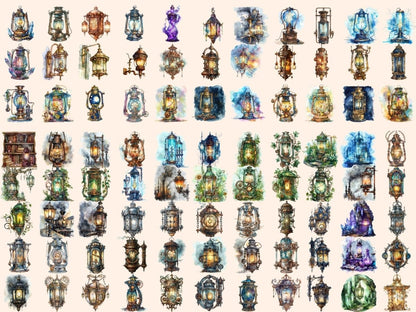 Steampunk Lanterns Watercolor Clipart lamp clipart - Wonders Artist