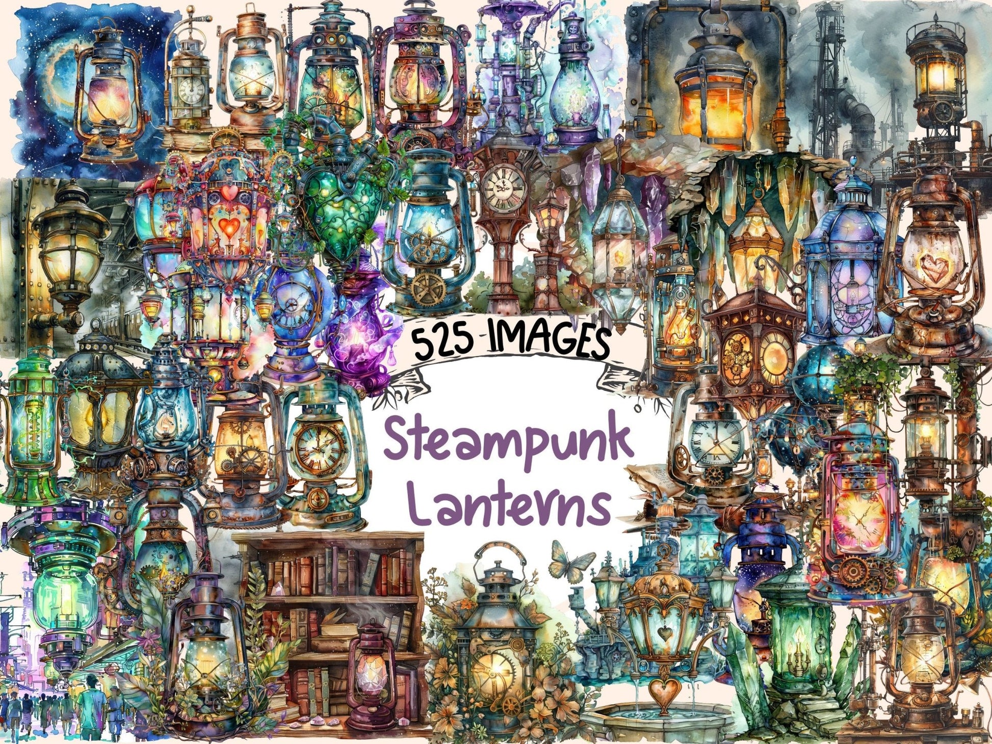 Steampunk Lanterns Watercolor Clipart - High - Quality Instant Digital Download for Creative Projects