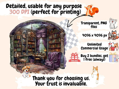 Steampunk Library Watercolor Clipart cozy library clipart - Wonders Artist