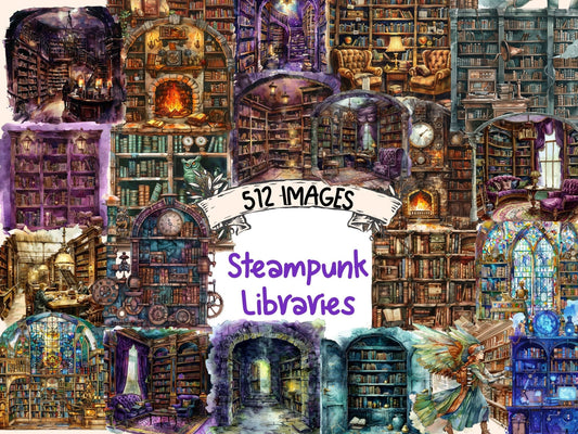 Steampunk Library Watercolor Clipart - High - Quality Instant Digital Download for Creative Projects