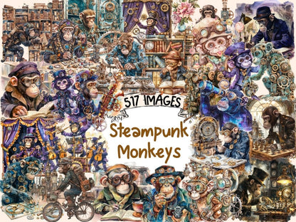 Steampunk Monkeys Watercolor Clipart ape clipart - Wonders Artist