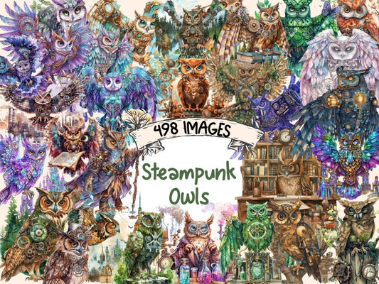 Steampunk Owls Watercolor Clipart owl clipart - Wonders Artist