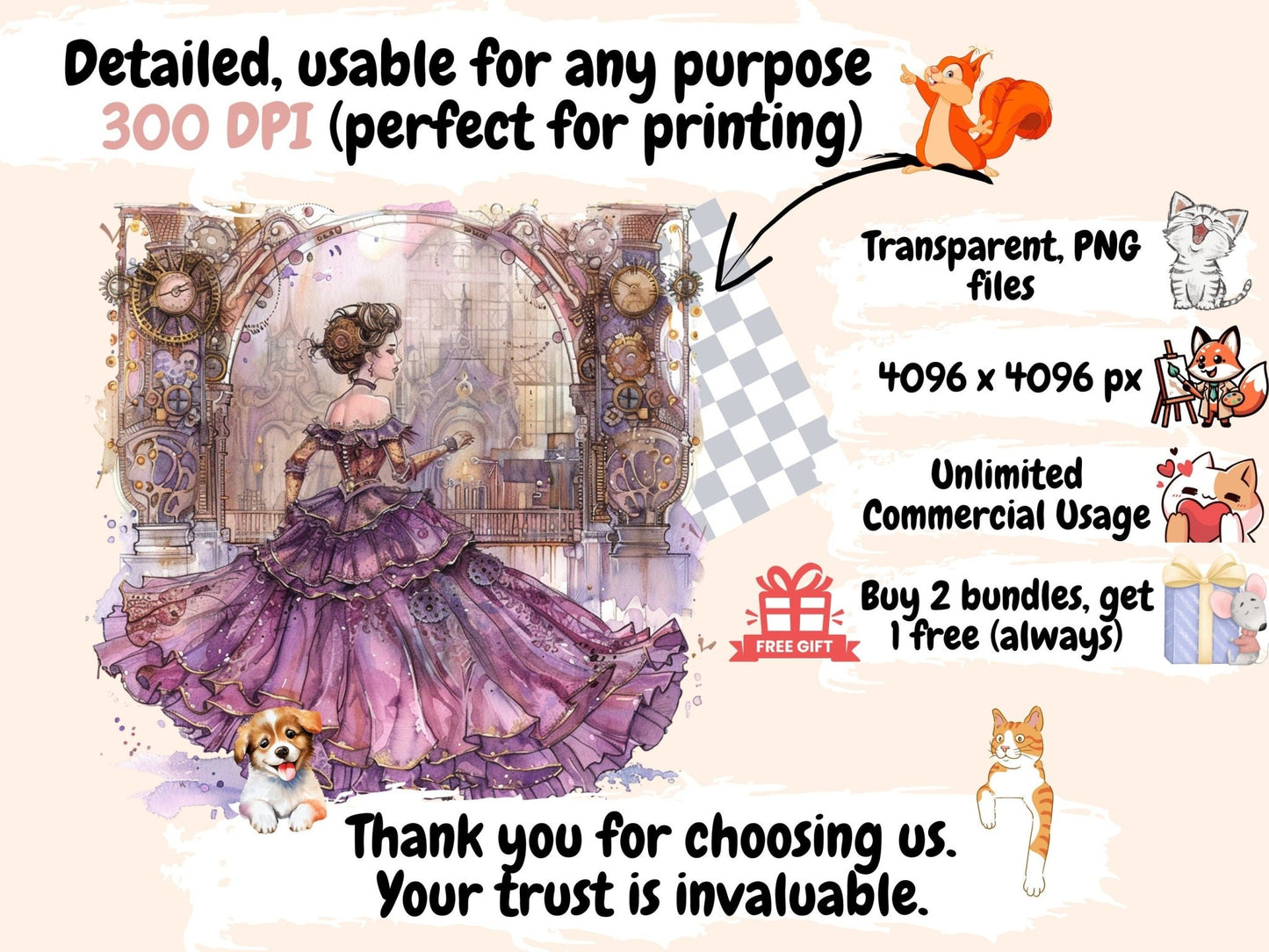 Steampunk Princess Watercolor Clipart - High - Quality Instant Digital Download for Creative Projects