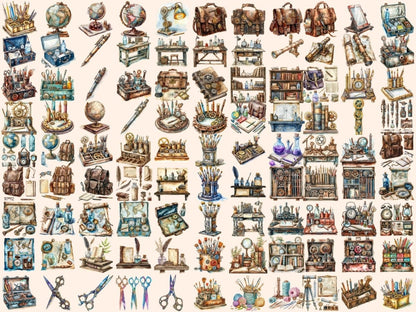 Steampunk School Supplies Watercolor Clipart school supply png - Wonders Artist