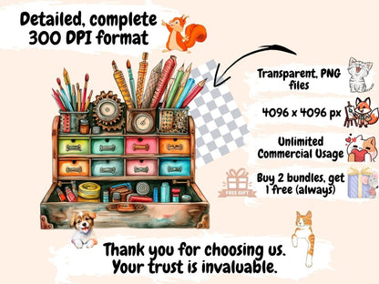 Steampunk School Supplies Watercolor Clipart school supply png - Wonders Artist