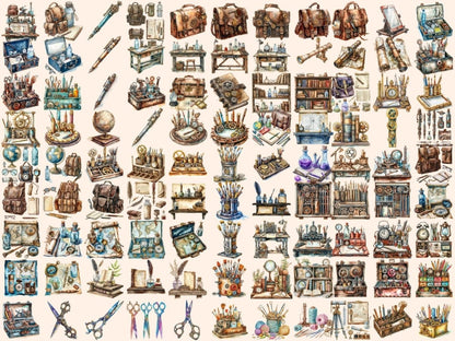 Steampunk School Supplies Watercolor Clipart school supply png - Wonders Artist