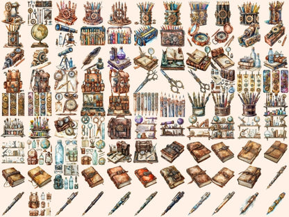 Steampunk School Supplies Watercolor Clipart school supply png - Wonders Artist