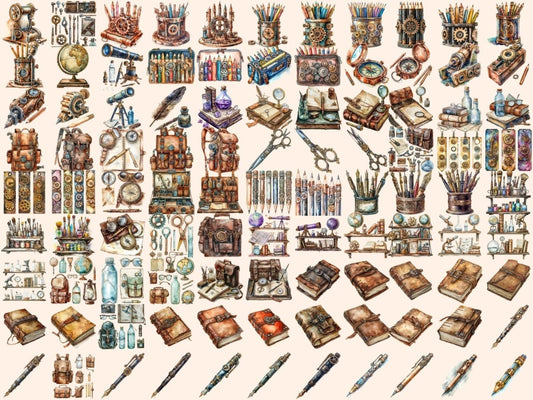 Steampunk School Supplies Watercolor Clipart