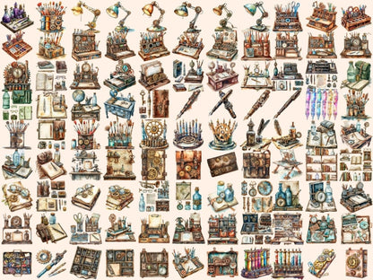 Steampunk School Supplies Watercolor Clipart school supply png - Wonders Artist