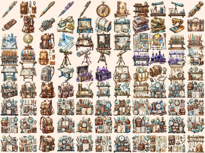 Steampunk School Supplies Watercolor Clipart school supply png - Wonders Artist