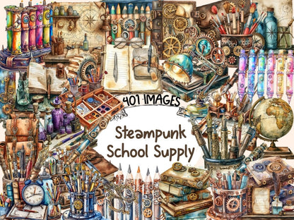 Steampunk School Supplies Watercolor Clipart school supply png - Wonders Artist