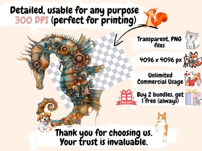 Steampunk Seahorses Watercolor Clipart robot seahorses png - Wonders Artist