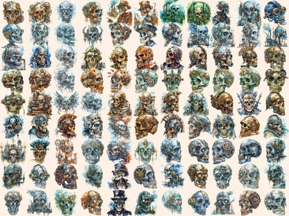 Steampunk Skulls Watercolor Clipart - High - Quality Instant Digital Download for Creative Projects