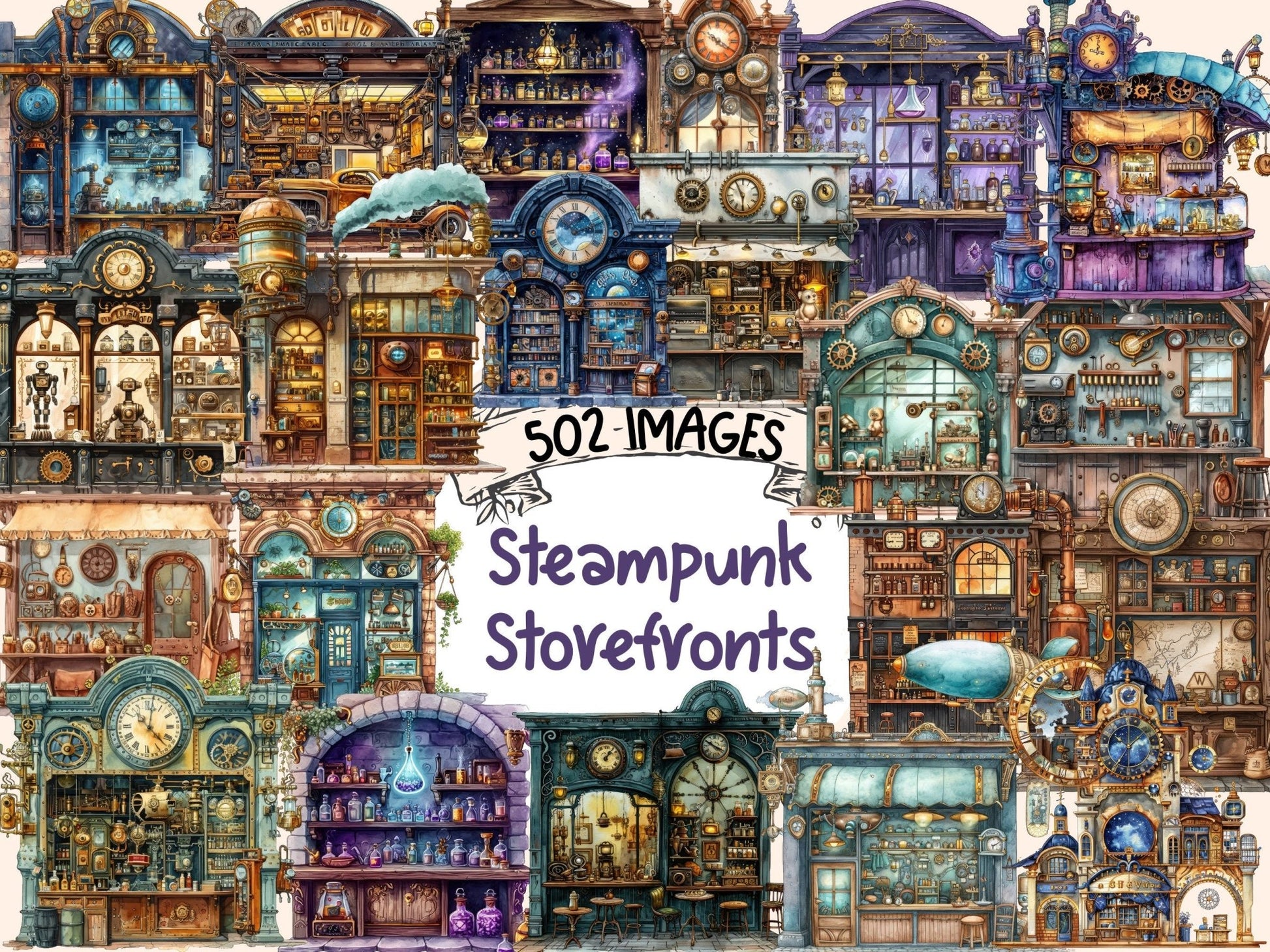 Steampunk Storefronts Watercolor Clipart - High - Quality Instant Digital Download for Creative Projects