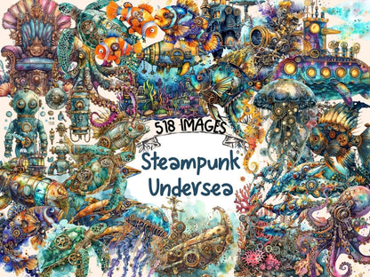 Steampunk Undersea Watercolor Clipart marine clipart - Wonders Artist