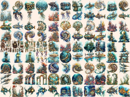 Steampunk Undersea Watercolor Clipart marine clipart - Wonders Artist