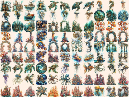 Steampunk Undersea Watercolor Clipart marine clipart - Wonders Artist