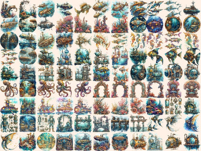 Steampunk Undersea Watercolor Clipart marine clipart - Wonders Artist