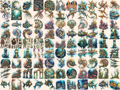 Steampunk Undersea Watercolor Clipart marine clipart - Wonders Artist