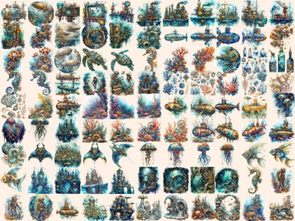 Steampunk Undersea Watercolor Clipart marine clipart - Wonders Artist